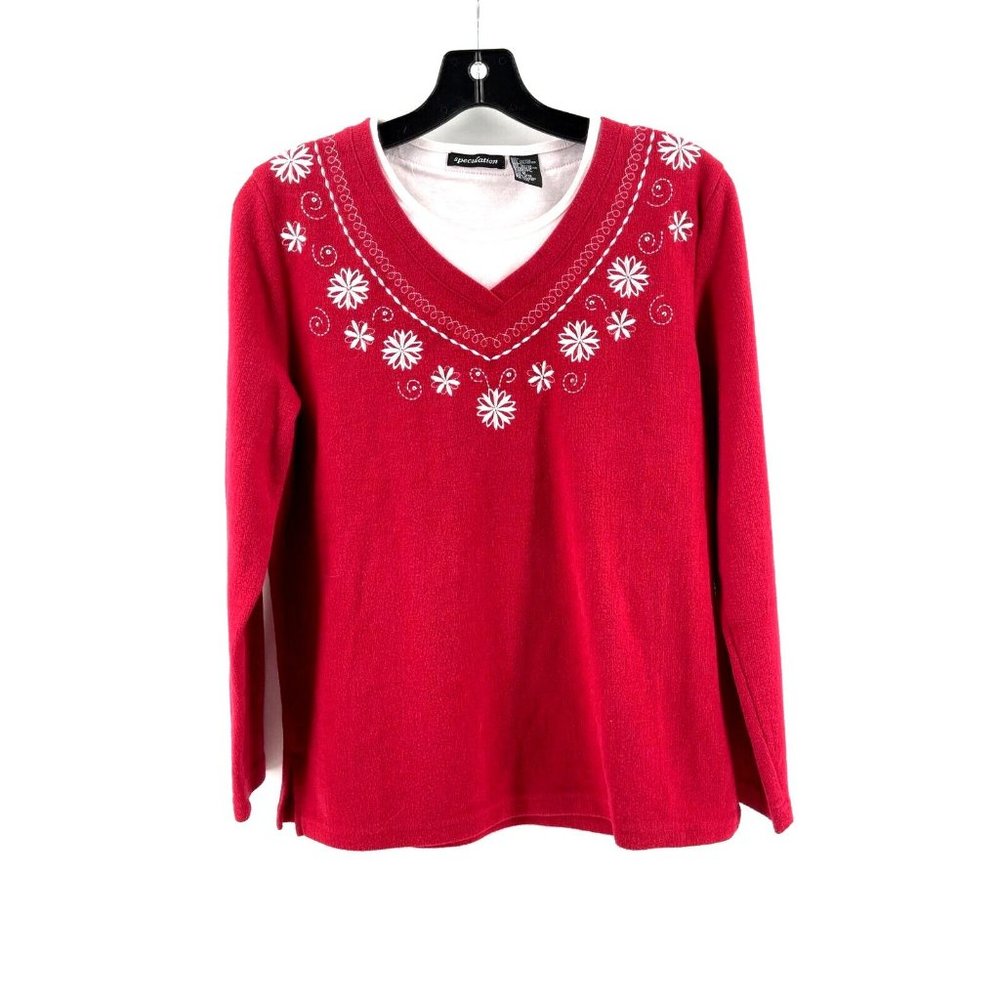 Speculation Women's Red Embroidered Flowers Rhinestones Holiday Sweater Size M
